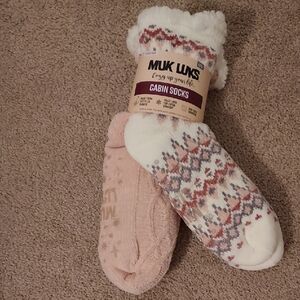Muk Luks Pink and White Cabin Socks